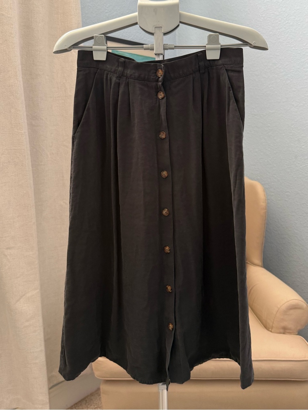 Sezane Sea New York Manhattan Midi Skirt Tie Belt Buttons Slate Sz 8/FR 40